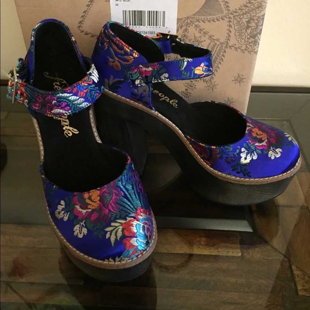 Free People Blue Floral Platform Sandals